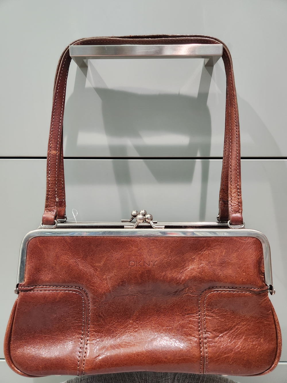 Vintage DKNY Brown Leather Frame-Top Shoulder Bag